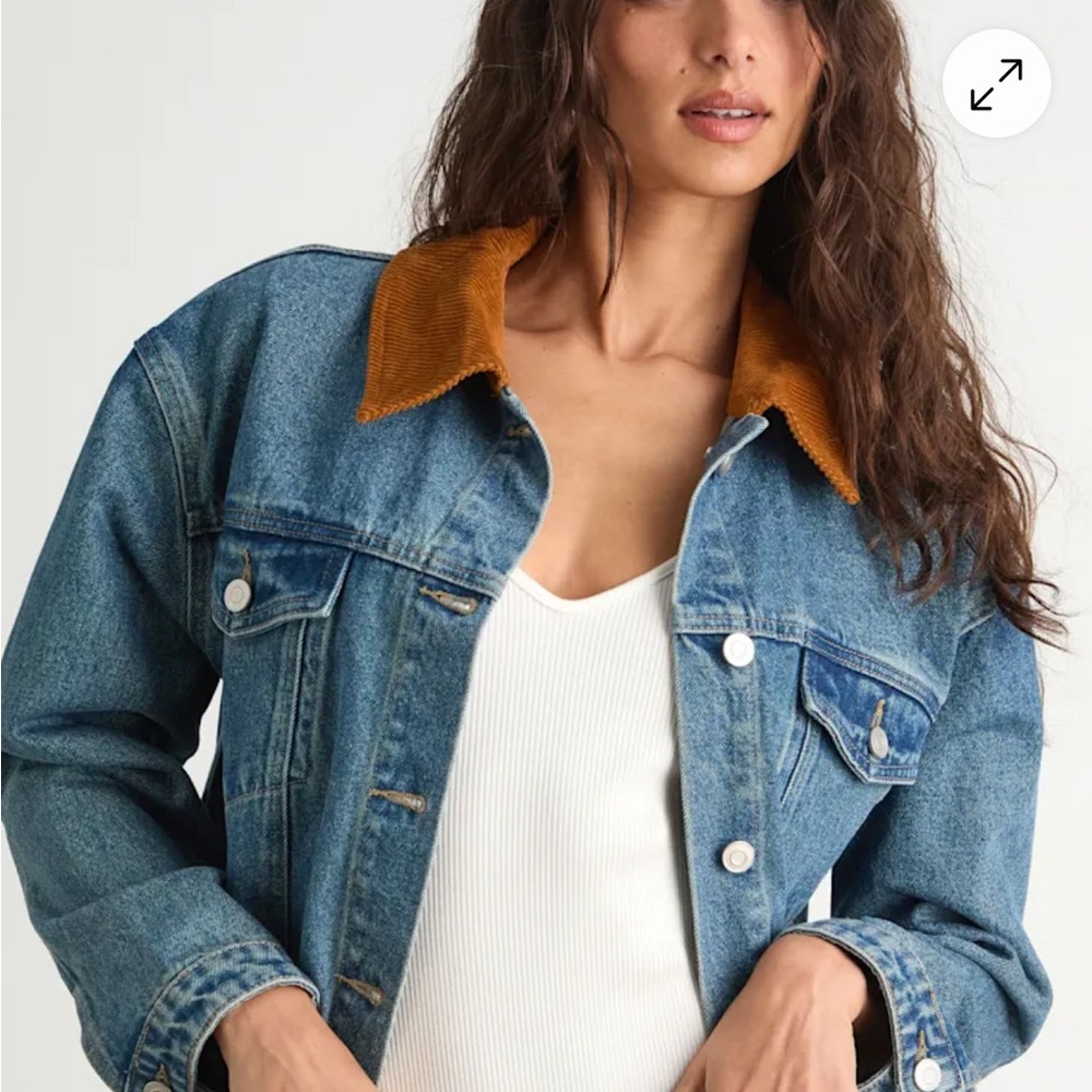 Lulus Isaline Medium Wash Denim Barn Jacket Corduroy Collar NWOT